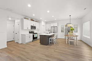 Kitchen with a kitchen breakfast bar, stainless steel appliances, an island with sink, dual tone cabinets, and hanging light fixtures