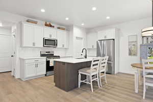 Dual tone kitchen featuring decorative backsplash, two tone cabinetry, stainless steel appliances, a kitchen island with sink, and light wood-style flooring