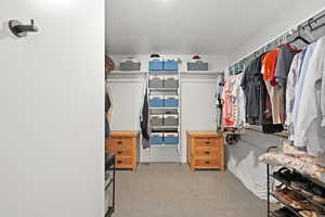 Walk in closet featuring light colored carpet