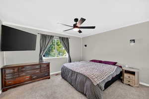 Bedroom featuring light colored carpet, ceiling fan, and crown molding