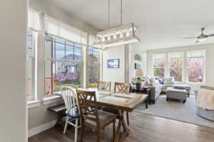 Dining space featuring ceiling fan and wood finished floors
