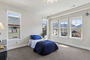 Bedroom with carpet floors and a mountain view