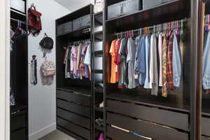 Walk in closet with carpet floors