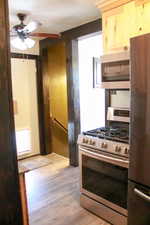 Kitchen with stainless steel appliances, a ceiling fan, and light wood-style flooring