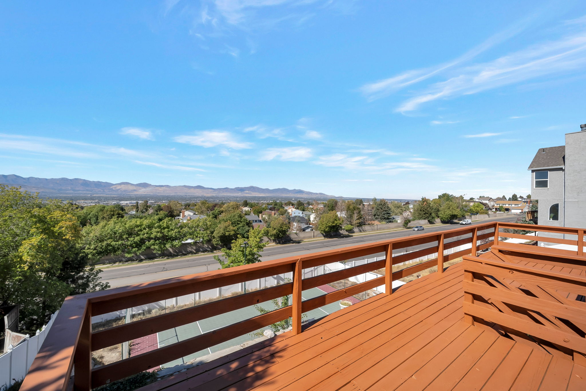 Wooden deck featuring a mountain view
