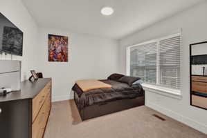 Bedroom featuring light carpet