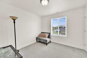 Sitting room featuring light colored carpet and baseboards