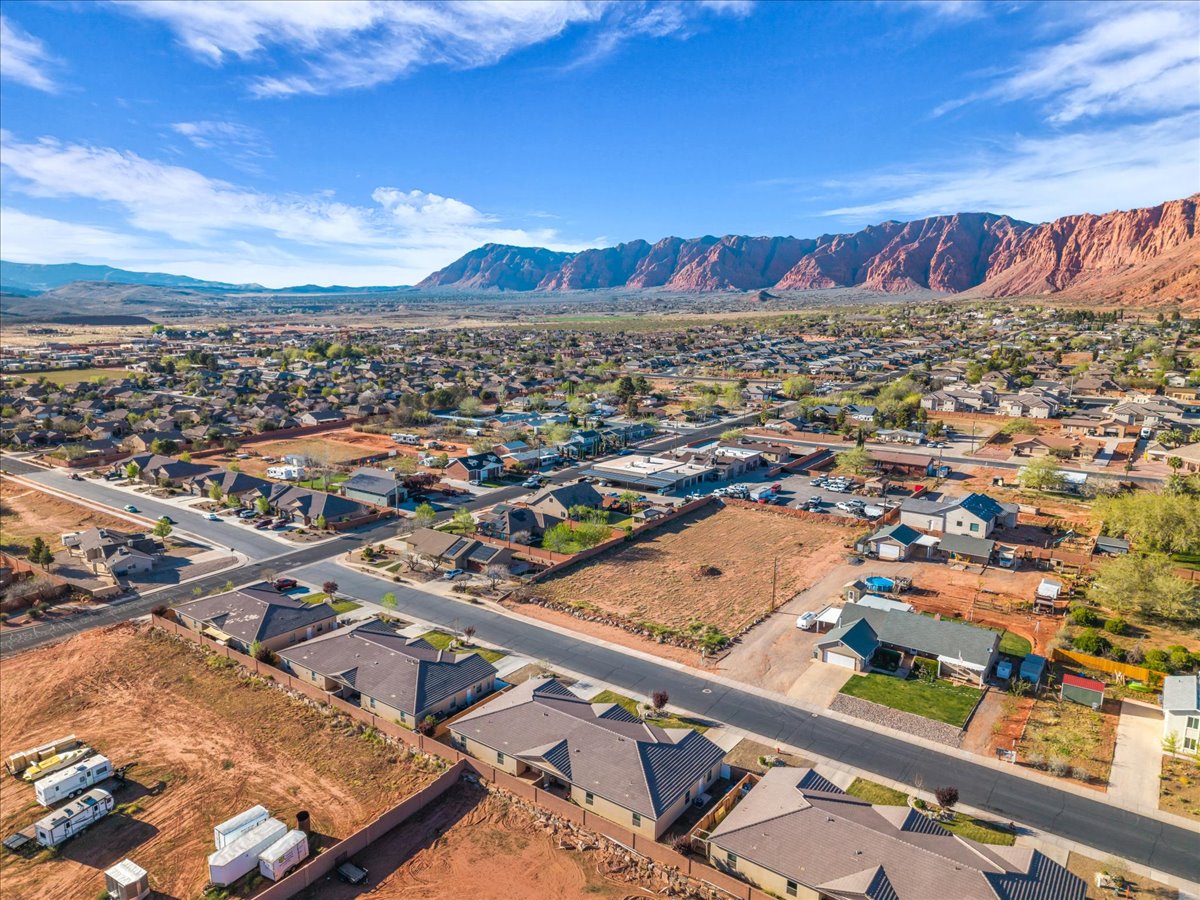 Aerial view of residential area with mountains