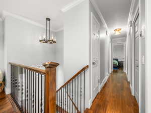 Hallway featuring ornamental molding, dark wood finished floors, an upstairs landing, and suspended lighting