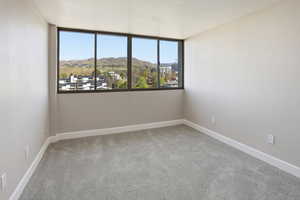 Spare room with a mountain view and light carpet