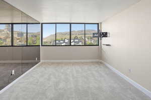 Empty room with a mountain view and light colored carpet