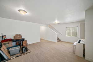 Game room featuring light carpet and a textured ceiling