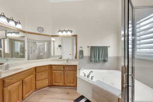 Full bathroom with a stall shower, double vanity, a whirlpool tub, and plenty of natural light