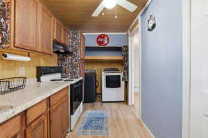Kitchen with electric range, wood ceiling, wood finish cabinets, light wood-style flooring, and a ceiling fan