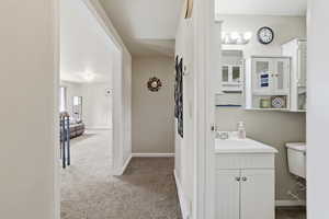 Half bath with vanity and light carpet