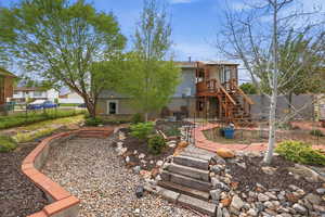 Rear view of house with a fenced backyard and a patio