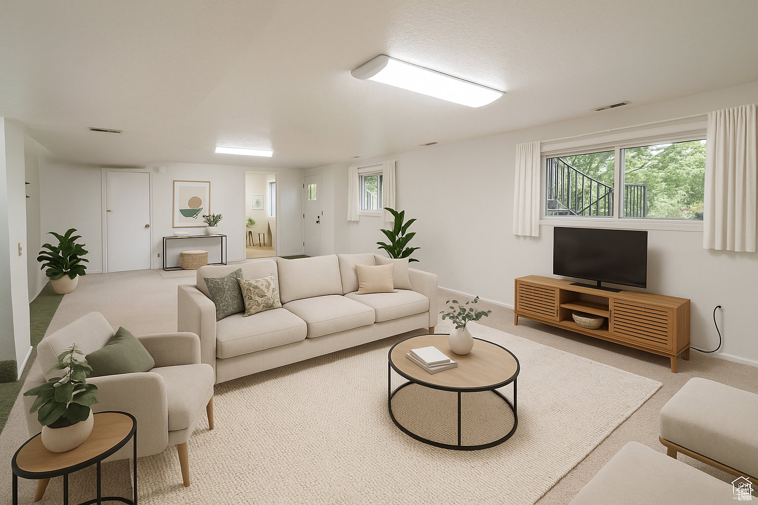Carpeted living room with healthy amount of natural light