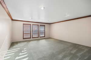 Empty room featuring light carpet and crown molding