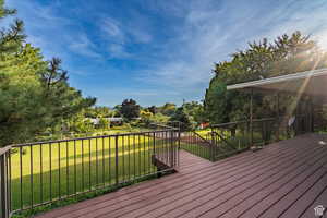 Wooden deck featuring a yard and view of scattered trees