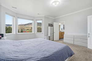 Bedroom featuring a mountain view, multiple windows, light colored carpet, ornamental molding, and ensuite bath