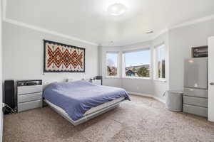 Carpeted bedroom featuring crown molding and baseboards