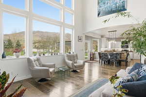 Living area featuring hardwood / wood-style floors, a mountain view, and suspended lighting