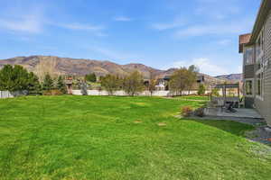 Fenced backyard with a mountain view and a patio