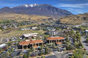 Aerial view of residential area with mountains