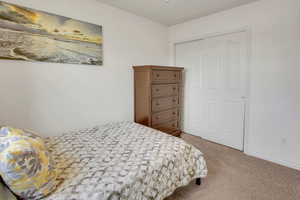 Bedroom featuring light colored carpet and a closet
