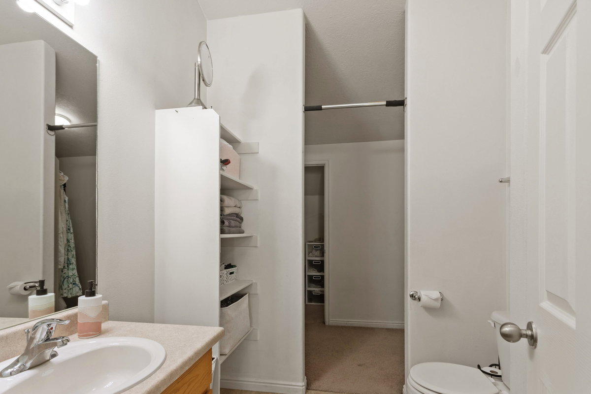 Full bathroom with vanity, curtained shower, and light carpet