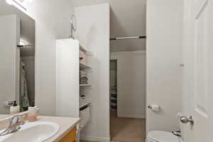 Full bathroom with vanity, curtained shower, and light carpet
