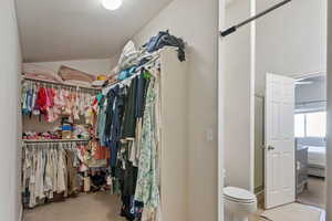 Walk in closet featuring light carpet