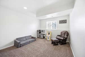 Living area with carpet and baseboards