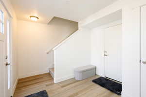 Entrance foyer with light wood finished floors and baseboards