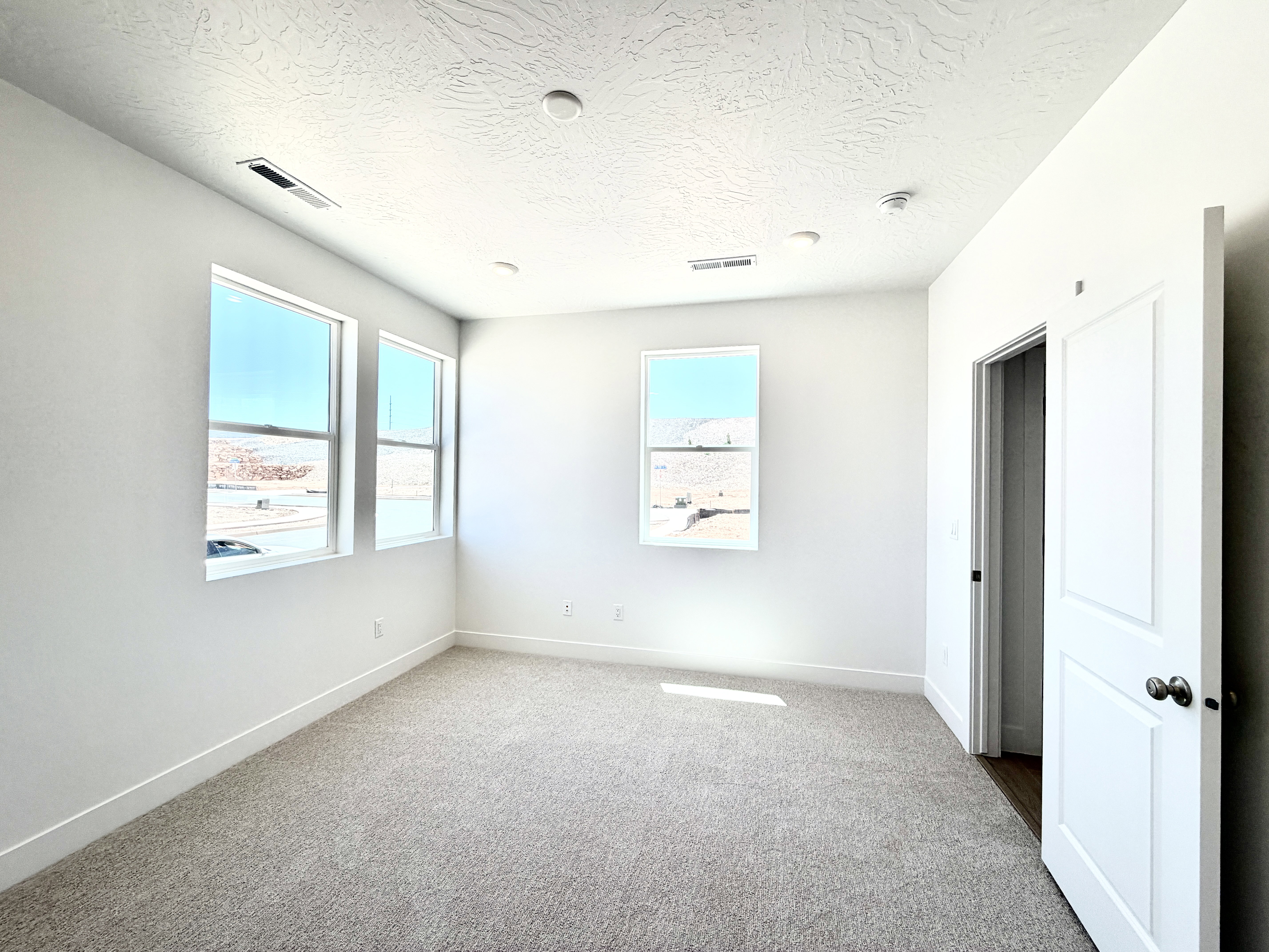 Bright room featuring three windows, neutral-toned carpeting, and a white paneled door
