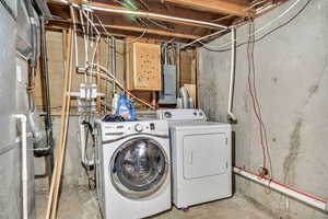 Laundry area with electric panel, washing machine and clothes dryer, concrete floors, and heating unit
