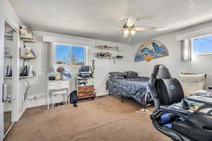 Bedroom with light carpet, ceiling fan, a textured ceiling, and multiple windows