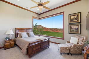 Bedroom featuring carpet floors, ornamental molding, ceiling fan, and recessed lighting