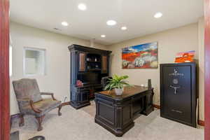 Home office featuring light carpet and recessed lighting
