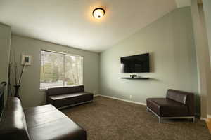 Living area featuring lofted ceiling and dark carpet