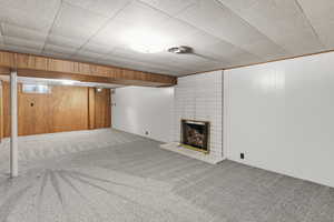 Below grade area featuring wood walls, a fireplace, and carpet flooring