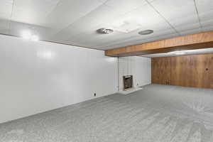 Finished below grade area with a brick fireplace, wood walls, and carpet