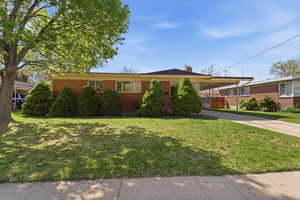 Ranch-style home featuring concrete driveway, a chimney, a carport, a front lawn, and brick siding