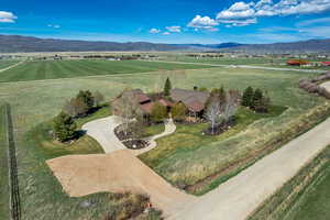 Aerial view of sparsely populated area with mountains