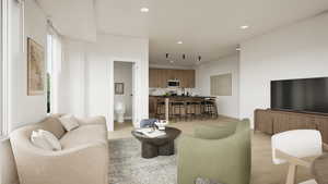 Photos coming soon! - Rending shown. Living area featuring light wood-type flooring and recessed lighting