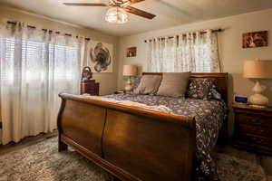 Primary Bedroom featuring dark wood finished floors, ceiling fan, and corner windows with great views