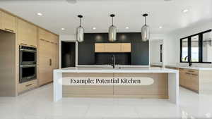 Dual tone kitchen featuring modern cabinets, a kitchen island with sink, pendant lighting, double oven, and two tone cabinetry