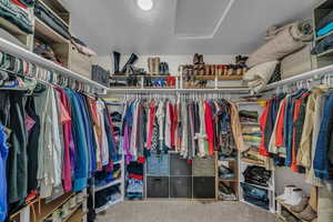 Walk in closet with carpet floors and attic access