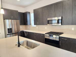 Kitchen featuring dark wood finish cabinetry, stainless steel appliances, modern cabinets, and tasteful backsplash