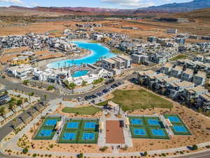 Bird's eye view of the 2.5 acre lagoon, pools and pickleball courts